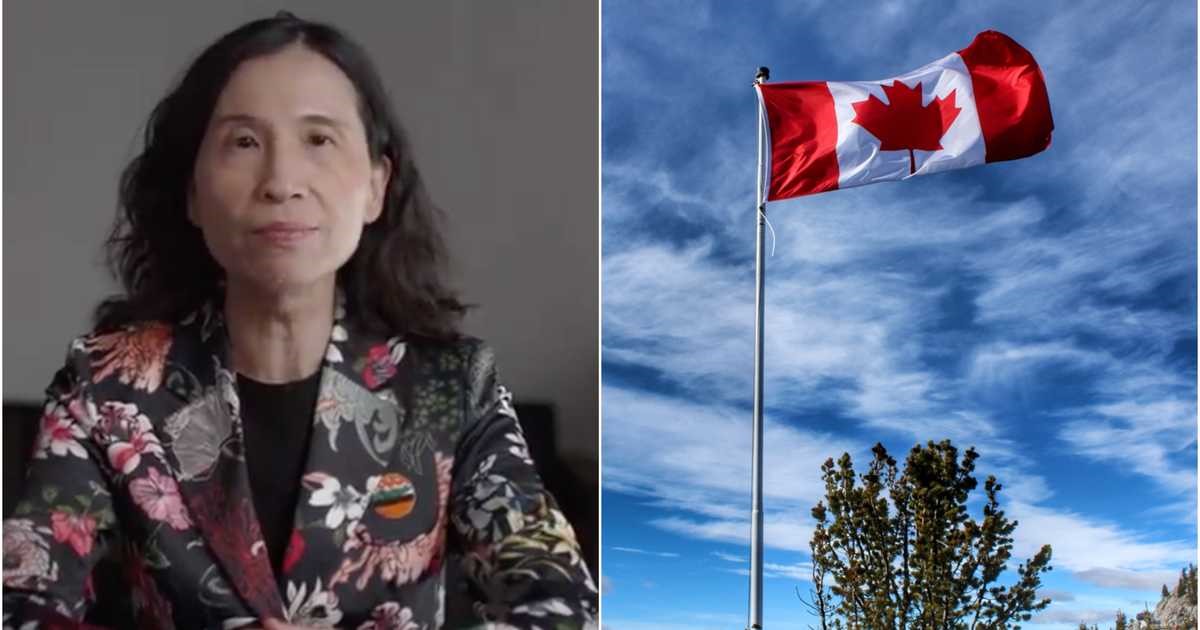 تصویر ترزا تام پزشک ارشد کانادا در کنار تصویر پرچم کانادا